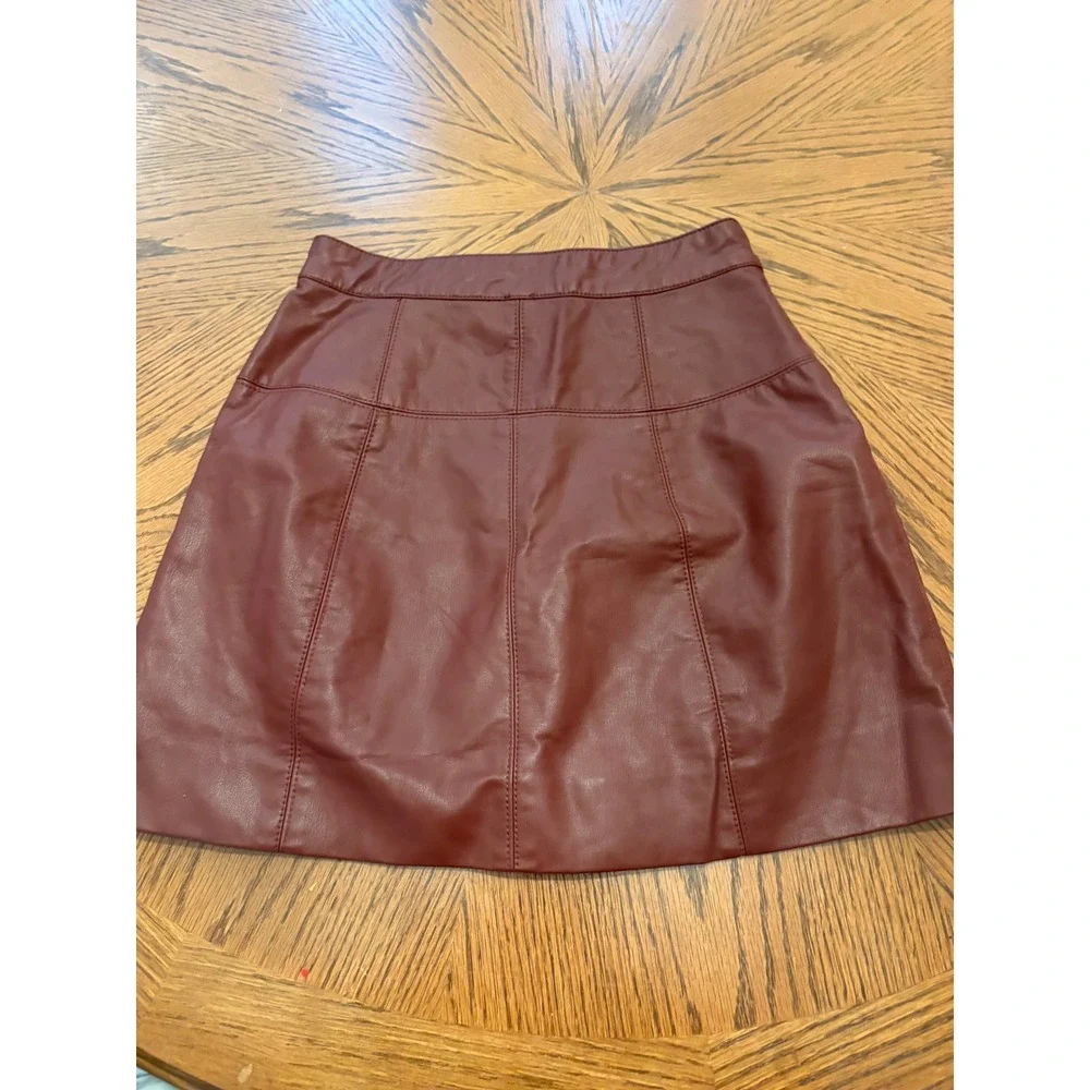 Free People Modern Femme Vegan Leather Mini Skirt Burgundy Wine Button Front 0